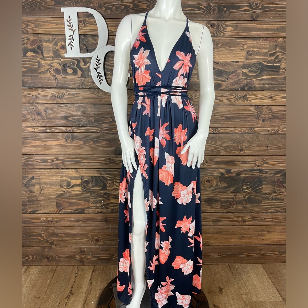 Floral Maxi Dress Deep Plunge V-Neck Strappy Spaghetti Straps Low‎ Back Cutout